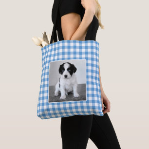 Tote Bag Photo personnalisé à carreaux gingham bleu clair e