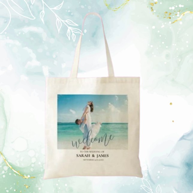 Tote Bag Photo personnalisée Modern Beach Wedding Bienvenue (Welcome your guests with love using our Custom Photo Modern Beach Wedding Tote Bag)