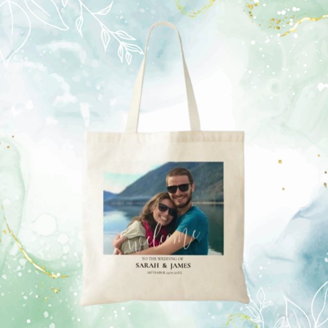 Tote Bag Photo personnalisée Moderne Relaxage Mariage Bienv (Create a heartfelt first impression with a custom photo modern relaxed wedding welcome tote bag. )