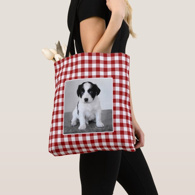 Tote Bag Photo personnalisée Rouge blanc En vichy Motif (De près)