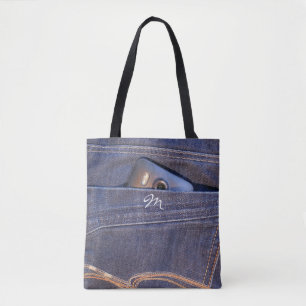 Tote Bag Photo Phone in blue demin jeans monogram