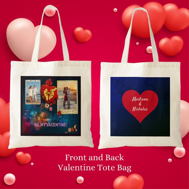 Tote Bag Photos et nom personnalisés Coeur Soyez ma mosaïqu (Custom Photos & Name Heart Be My Valentine Mosaic Tote Bag Front and Back)