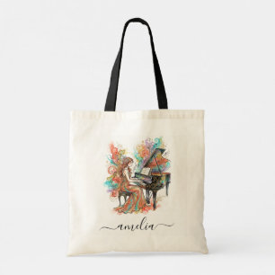 Tote Bag Pianiste Fille Personnalisée Piano à Queue Coloré