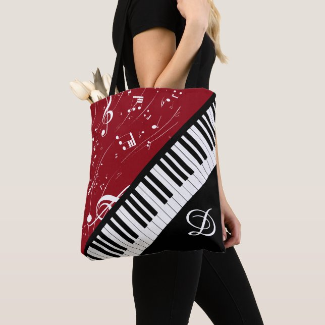 Tote Bag Piano Clarinet Music Script Monogramme Noir Rouge (De près)