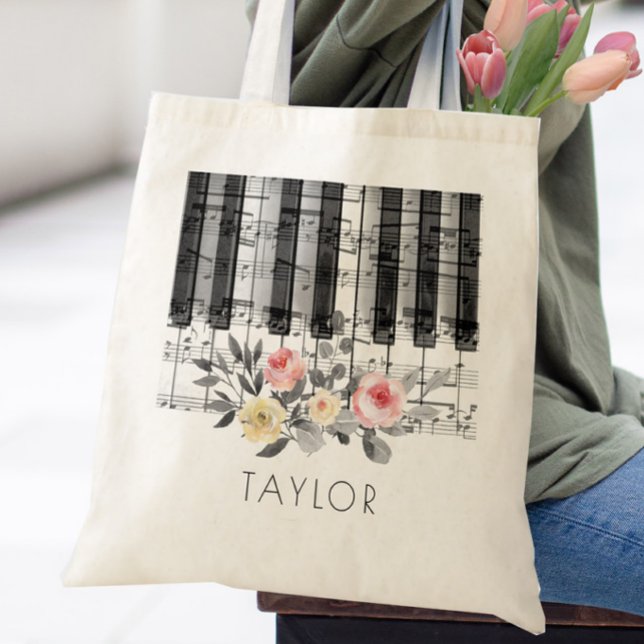 Tote Bag piano de musique roses sur feuillage gris (Créateur téléchargé)