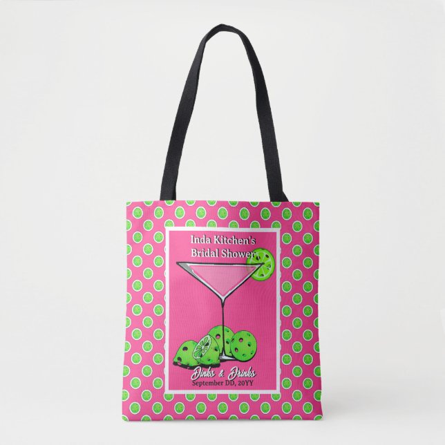 Tote Bag Pickleball Dinks & Drinks Rose & Vert Personnalise (Devant)