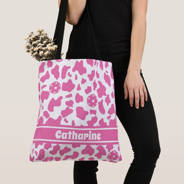 Tote Bag 🍓 🐄 Pickleball et fraise imprimé avec nom (De près)