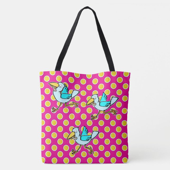 Tote Bag Pickleball Joyeux Oiseau Bleu Jaune et Rose (Dos)