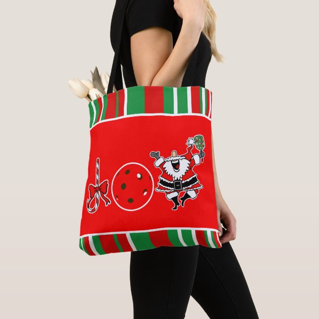 Tote Bag Pickleball Noël Joie Père Noël Rouge et Vert (De près)