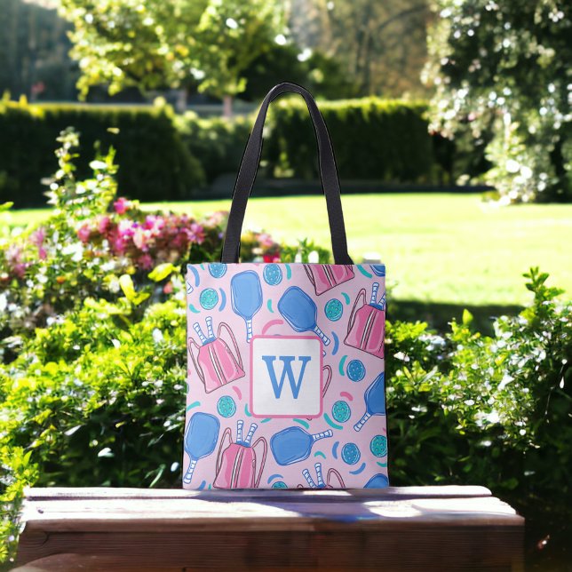 Tote Bag Pickleball Paddle et Balls Pink Preppy initial (Créateur téléchargé)