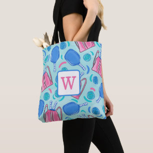Tote Bag Pickleball Paddles et Balls Blue Preppy Monogramme