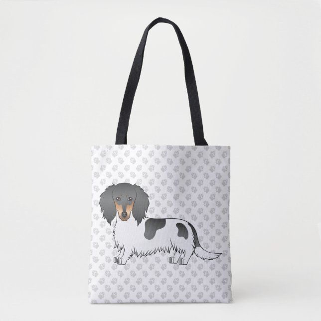 Tote Bag Piebald Noir Et Tan Longues Cheveux Dachshund & Pa (Devant)