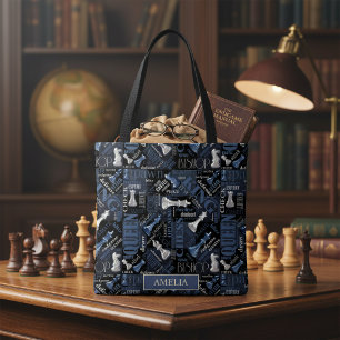 Tote Bag Pièces et Termes d'Échecs Argent et Bleu ID784