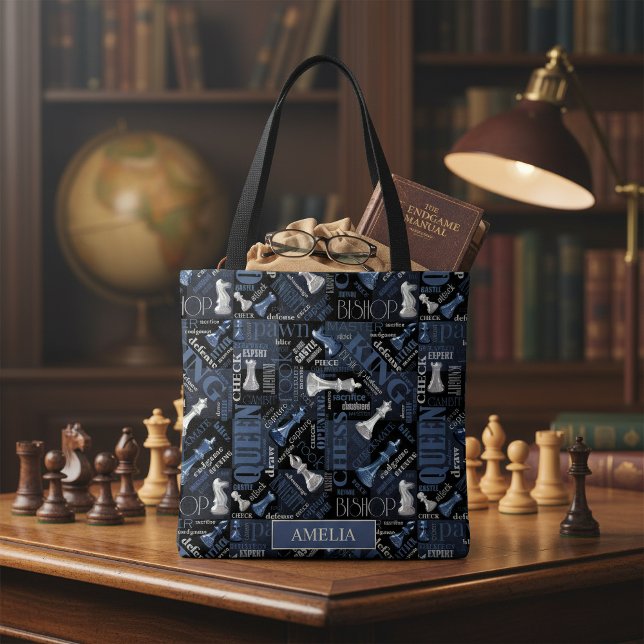 Tote Bag Pièces et Termes d'Échecs Argent et Bleu ID784 (Créateur téléchargé)