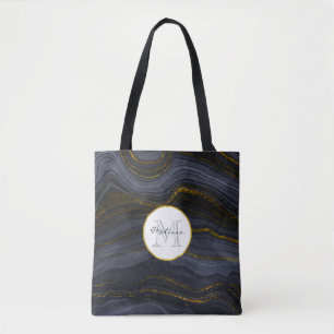 Tote Bag Pierre d'Agate Noir & Or moderne Monogramme Abstra