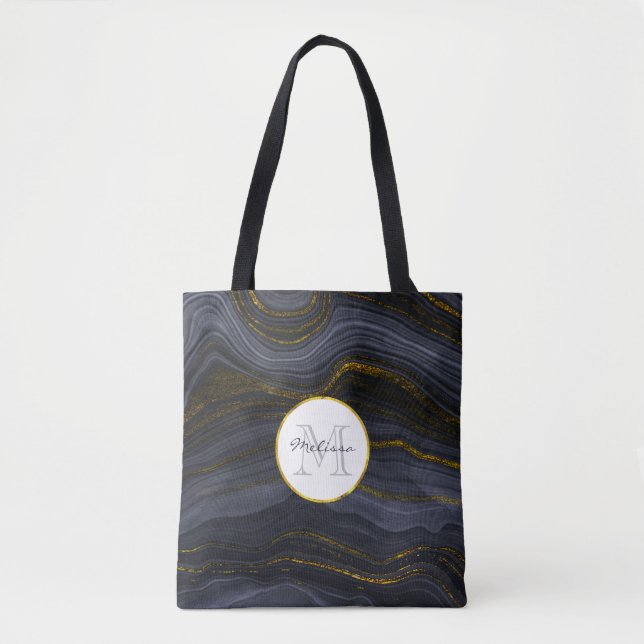 Tote Bag Pierre d'Agate Noir & Or moderne Monogramme Abstra (Devant)