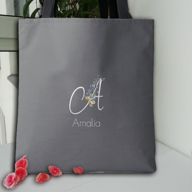 Tote Bag Pilates lover  Floral monogram watercolor  black (Créateur téléchargé)