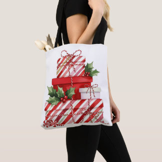 Tote Bag Pile de cadeaux de Noël rayures de canne à sucre