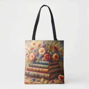 Tote Bag Pile de livre peinture florale