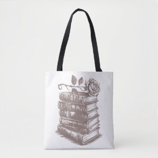 Tote Bag Pile de livres surmontée d'une rose