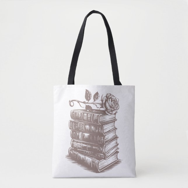 Tote Bag Pile de livres surmontée d'une rose (Devant)