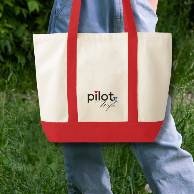 Tote Bag Pilot Wife Script Red Heart Blue Airplane Simple  (Créateur téléchargé)
