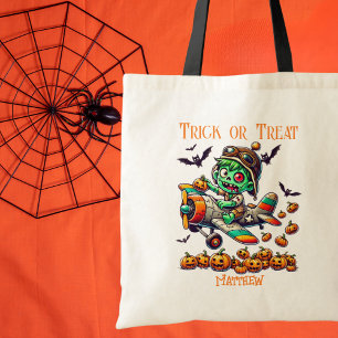 Tote Bag Pilote d'avion zombie effrayant, citrouilles, Hall