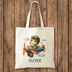 Tote Bag Pilote mignon Trex dinosaure pilotant un avion ble