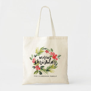 Tote Bag Pin d'aquarelle et couronne blanche Joyeux Noël