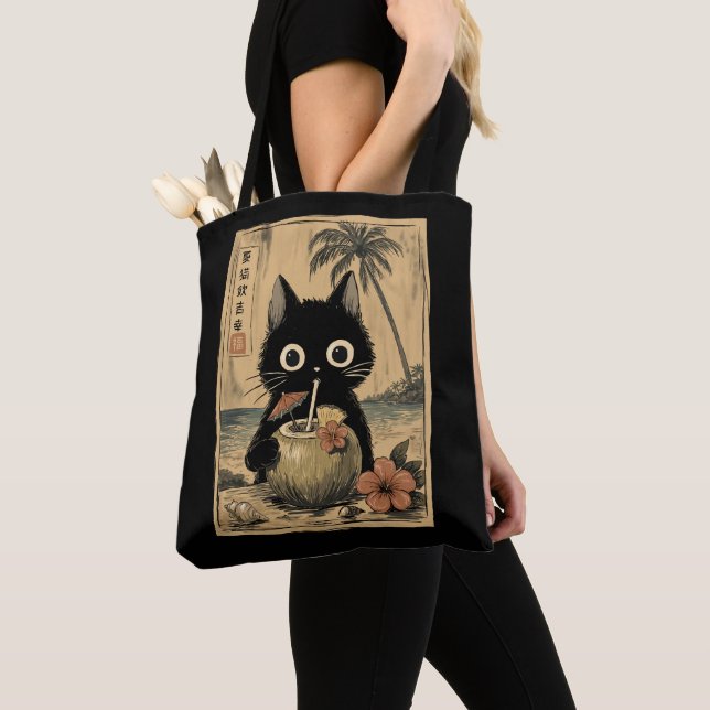 Tote Bag Pina Colada vintage été chat noir (De près)