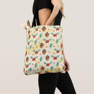 Tote Bag Pine Cones et Motif de Noël Holly