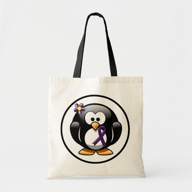 Tote Bag Pingouin à ruban de sensibilisation à la violette (Devant)