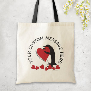 Tote Bag Pingouin de message personnalisé et coeur rouge