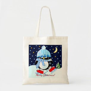 Tote Bag Pingouin de Noël essayant de patiner + texte perso