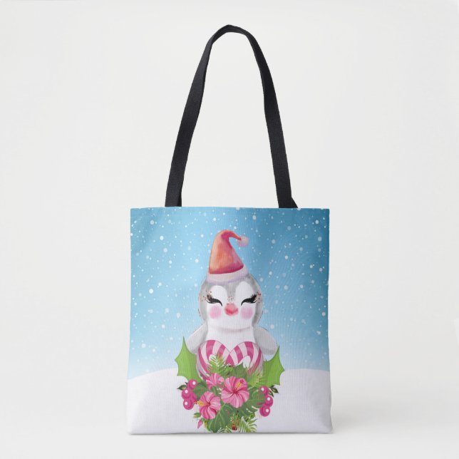 Tote Bag Pingouin de Noël mignon à Santa Hat (Devant)