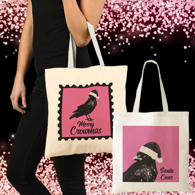 Tote Bag Pink and Black Gothic Crow Merry Crowmas Holiday (Cute pink & black Christmas tote with crow wearing a Santa hat. Merry Crowmas to all from Santa Caws)