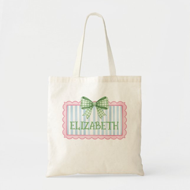 Tote Bag Pink and Blue Frame With Green Gingham Bow (Devant)