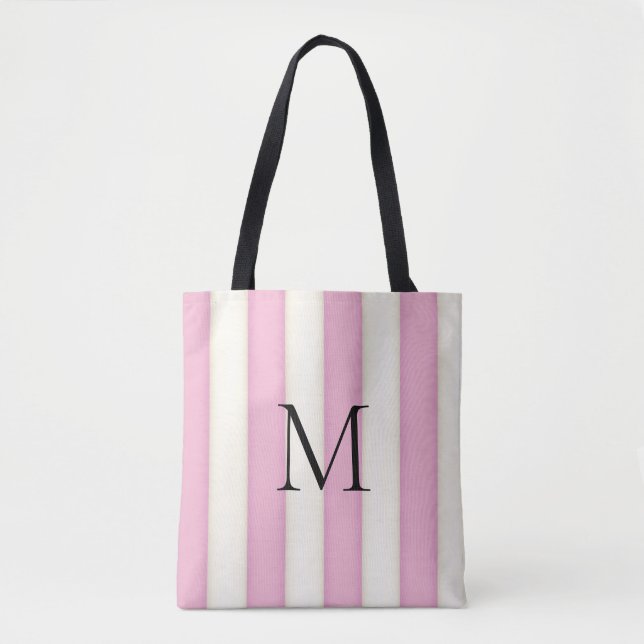 Tote Bag Pink & Antique White Stripes Monogramme (Devant)