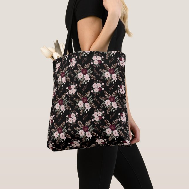 Tote Bag Pink Black Burgundy Watercolor Florals (De près)