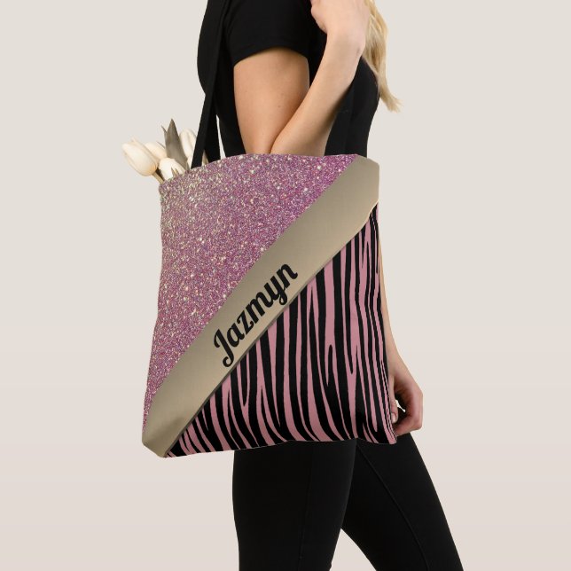 Tote Bag Pink Blush Glam Zebra Imprimer Personnalisé (De près)
