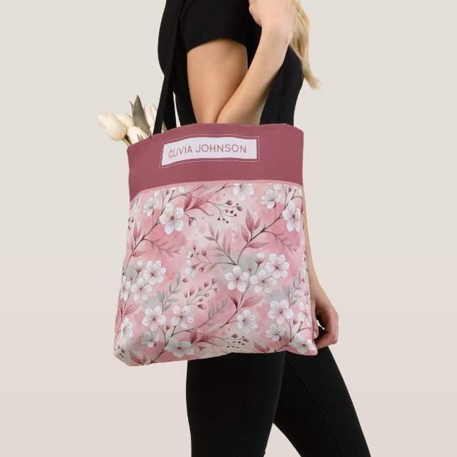 Tote Bag Pink cherry blossom monogram (De près)