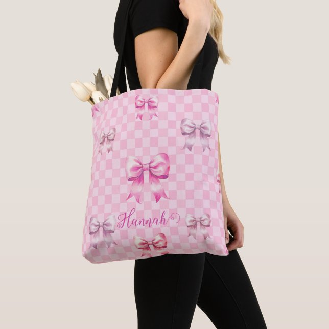 Tote Bag Pink Coquette Bow Checboard (De près)