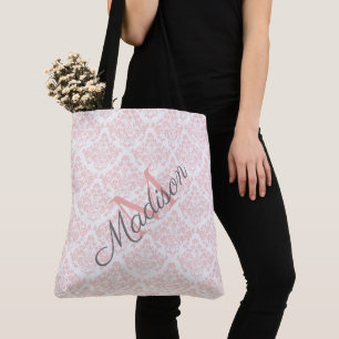 Tote Bag Pink Damask tendance mignonne Girly Nom Monogram