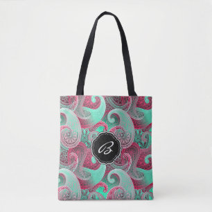 Tote Bag Pink et Aqua Paisley Motif avec Monogramme