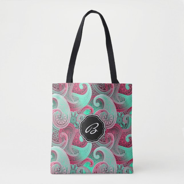 Tote Bag Pink et Aqua Paisley Motif avec Monogramme (Devant)
