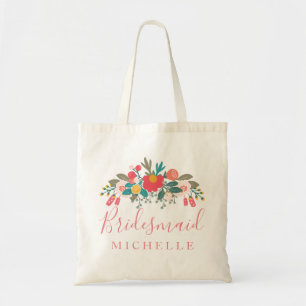 Tote Bag Pink Floral Bouquet Bridesmaid avec nom