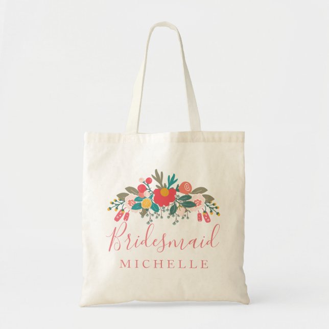 Tote Bag Pink Floral Bouquet Bridesmaid avec nom (Devant)
