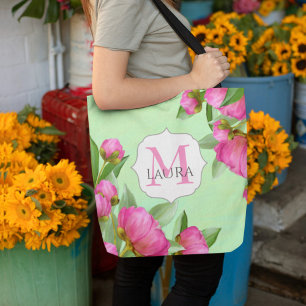 Tote Bag Pink Floral Joli Monogramme Personnalisé