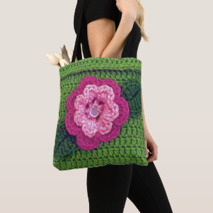 Tote Bag Pink Flower Green Leaf Artisan Crochet Imprimer