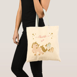Tote Bag Pink Glitter Ponies with First Name Little Girl